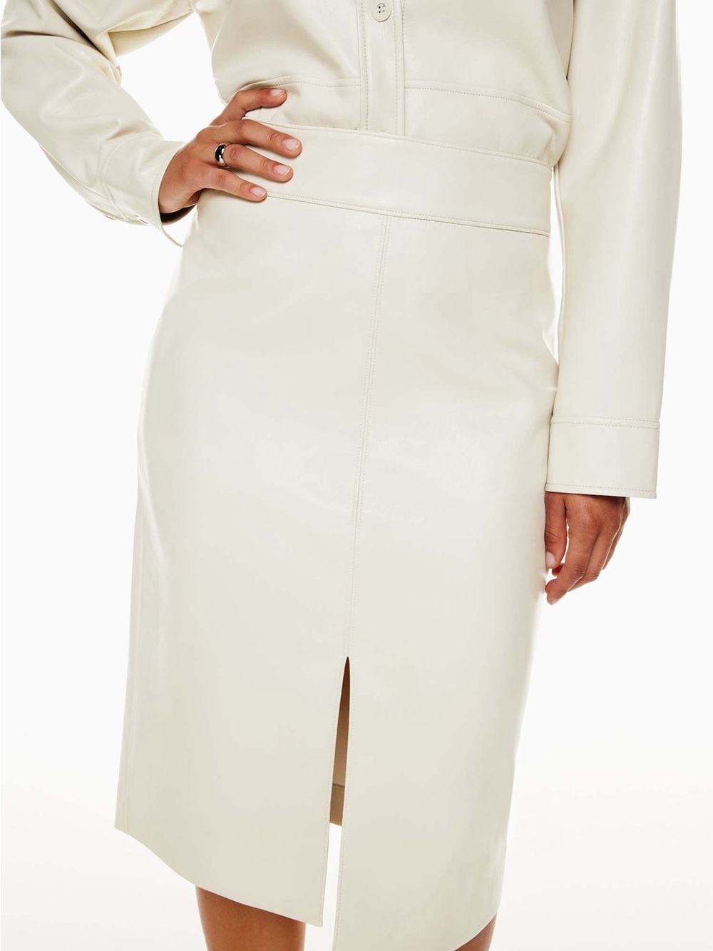 Aritzia Babaton Pegu Vegan Leather Midi Pencil Skirt Ivory 10